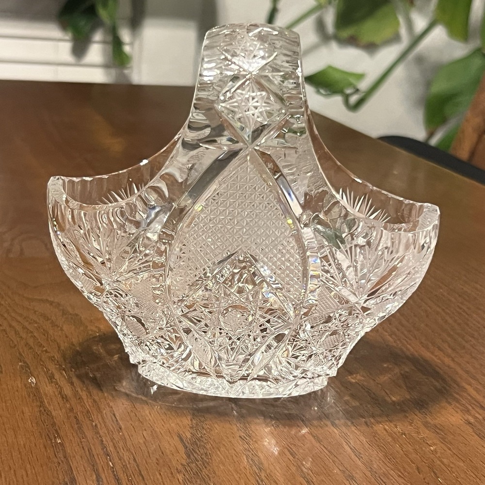Vintage Cut Glass Lead Crystal Basket Bowl Starburst Fan Pattern Handle Dish MCM